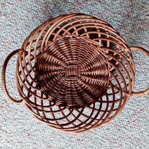 Vintage Boho Chic Wicker Rattan Bowl Basket Farmhouse Rustic Decor w/Handles